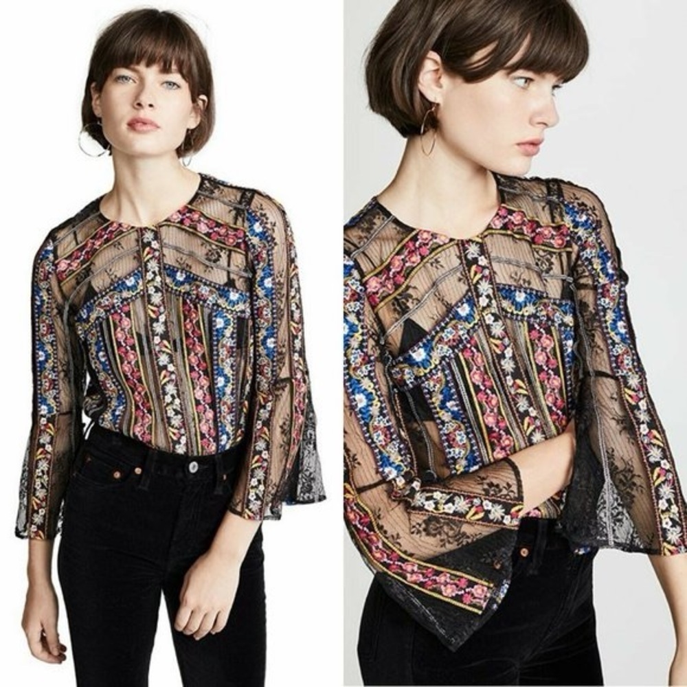 New L’agence Larue Embroidered Lace Sheer Blouse Bell Sleeve
